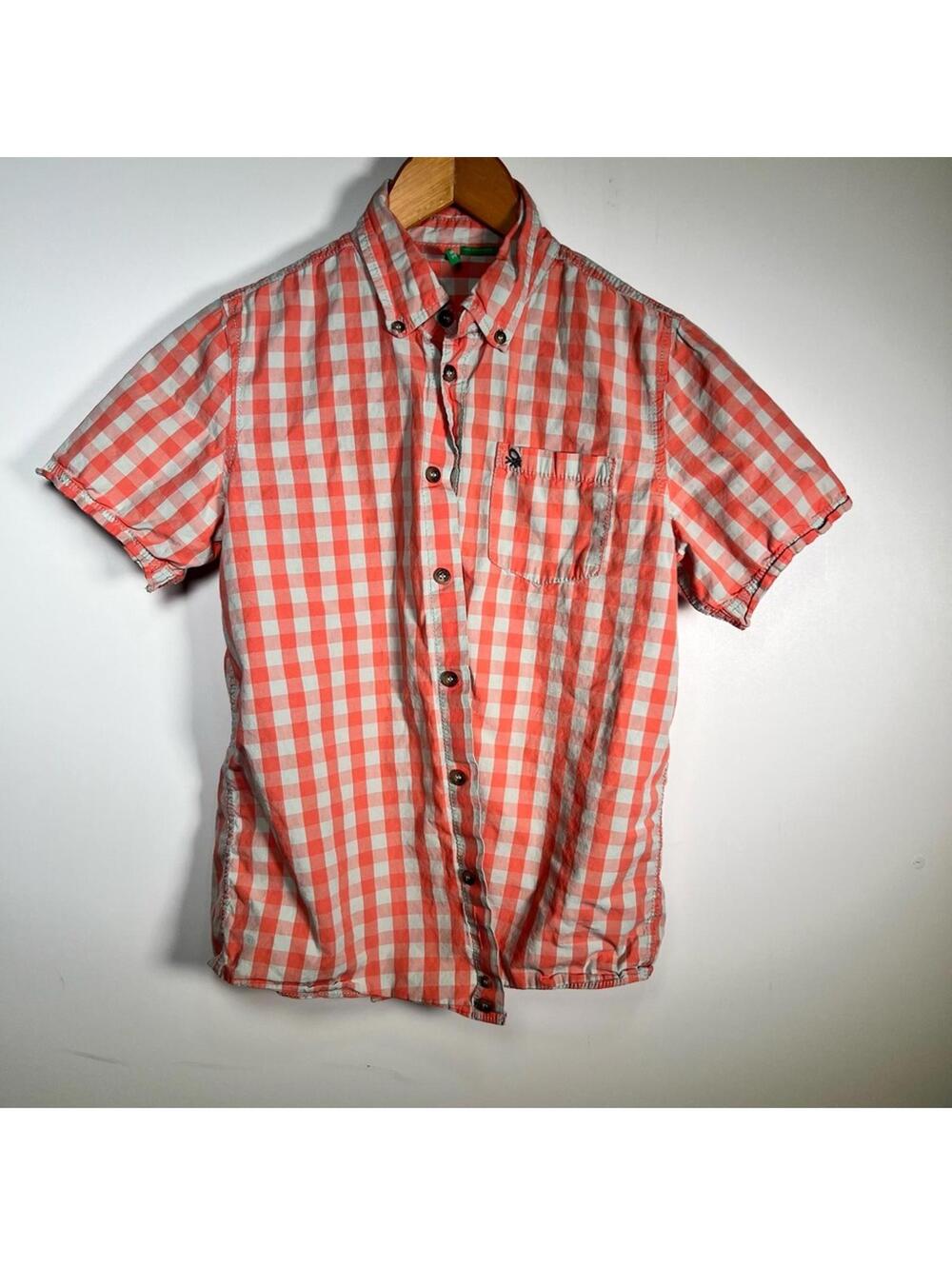 Women’s Pink Checkered Short Sleeve Shirt United Colors of Benetton Size Small